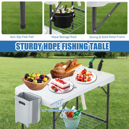 Avocahom Folding Fish Cleaning Table Portable Camping Double Sinks Table w/2 Dual Water Basins, Faucet Drainage Hose & Sprayer Outdoor Fish Fillet Cleaning Station w/Knife, Storage Box,Black