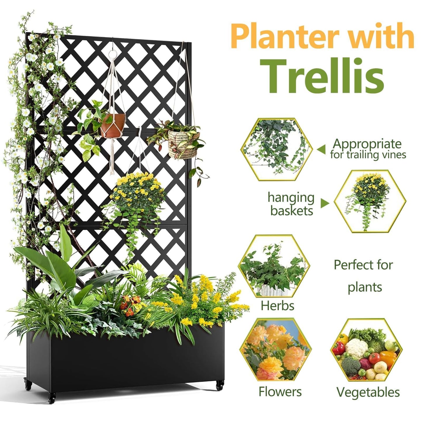 IDEALHOUSE 72"x47" Galvanized Raised Garden Bed with Diamond Trellis, 12" Deep Planter Box on Locking Wheels, Drainage Holes for Climbing Plants, Flowers, Patio, Balcony & Small Spaces, Black