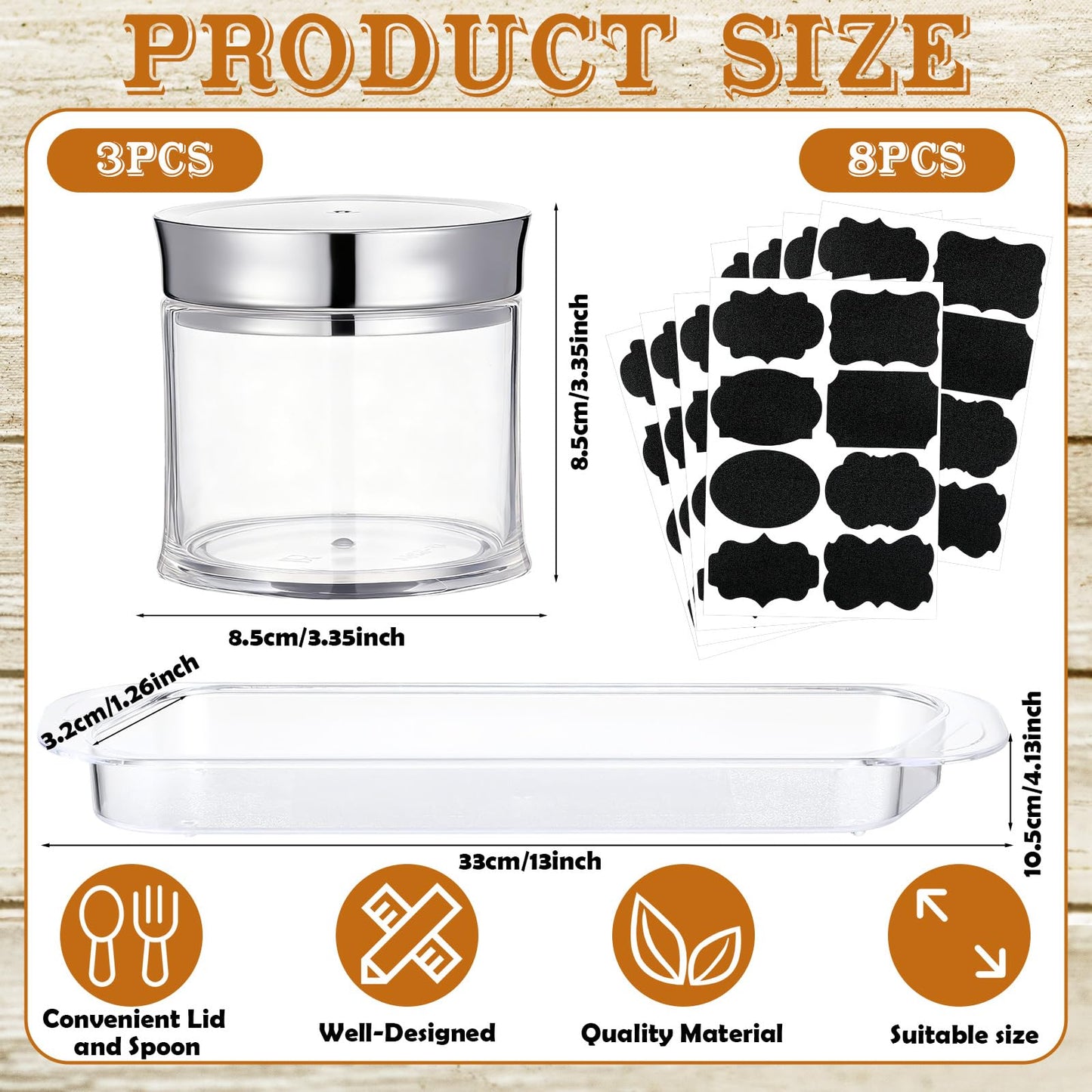 Ferrochef Set of 3 Acrylic Sugar Container with Lid Spoon and Tray 7oz Clear Condiment Coffee Jars Container with Labels Seasoning Salt Box Set for Kitchen Storage Coffee Bar
