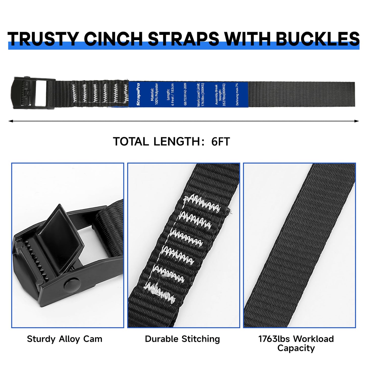 Cinch Strap, 6ft x 1 Inch Wide Lashing Straps with Buckles Adjustable Cam Straps, 1763lbs Heavy Duty Quick Pull Release Utility Nylon Black Cargo Tie Down Straps for Kayak Trucks Trailer Box, 12 Pack