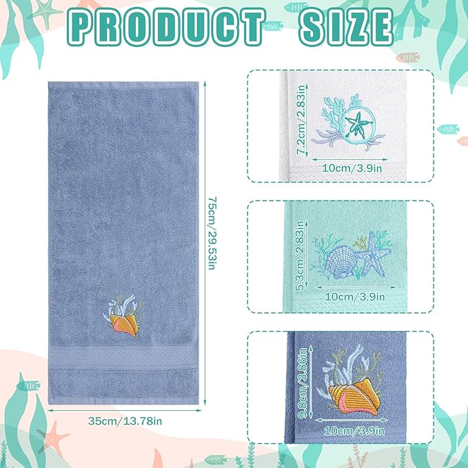 3 Pack Coastal Hand Towels for Bathroom 100% Cotton Embroidered Beach Bathroom