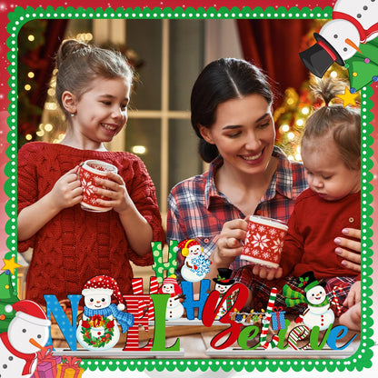 CroBlissful 6 Pcs Christmas Table Decoration Merry Christmas Table Sign Happy Holiday Snowman Wooden Tabletop Centerpieces for Xmas Winter Party Supplies Home Decor