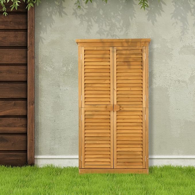 Outvita Outdoor Storage Cabinet, 63in Wooden Garden Tools Shed with 2 Lockable Doors, 3 Adjustable Shelves, Waterproof Roof for Yard Garge Patio Deck Porch, Natural