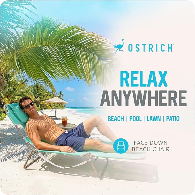 Ostrich 4-Position Outdoor Chaise Lounge w/Face Cushion & Arm Holes, Teal - Lightweight Folding Lounger w/Adjustable Reclining Backrest, Portable w/Carry Strap, 250 lb Weight Capacity