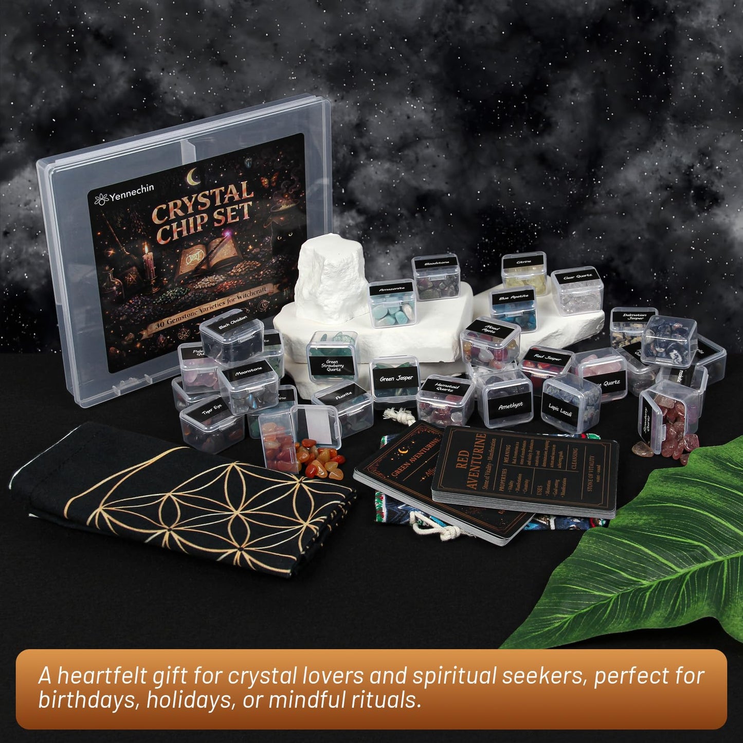Healing Crystals Set with 30 Crystal Gravel Stones, Flower of Life Ritual Mat and Meaning & Ritual Affirmation Cards – Healing Stones for Meditation, Witchcraft Supplies