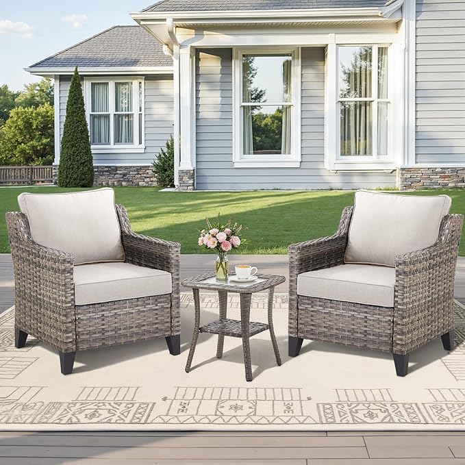 3 Pieces Patio Furniture Sets-Outdoor PE Rattan Wicker Chairs