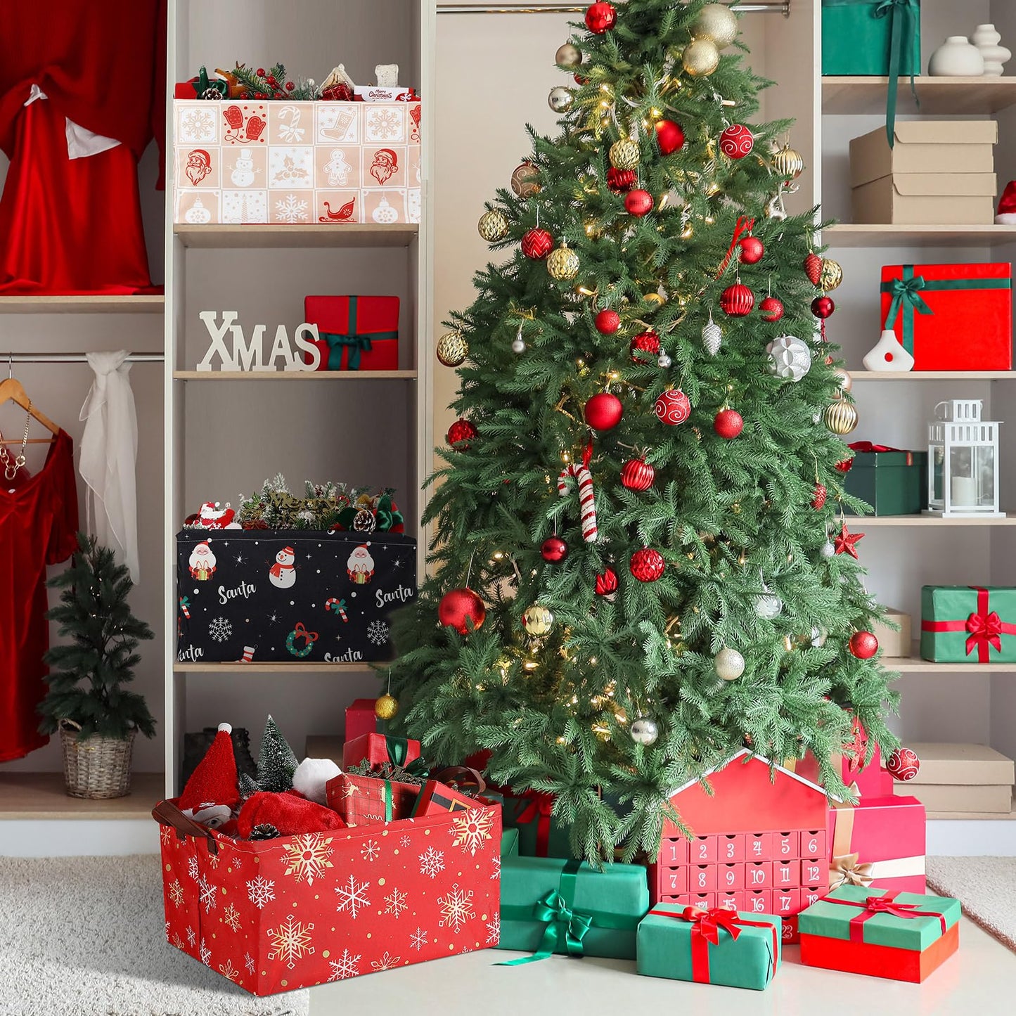 Yoojahow 3 Pack Xmas Christmas Storage Baskets Waterproof Canvas with Leather Handles Collapsible Storage Bins Cube Red Black Baskets for Closet Clothes Room Decor Gift Basket