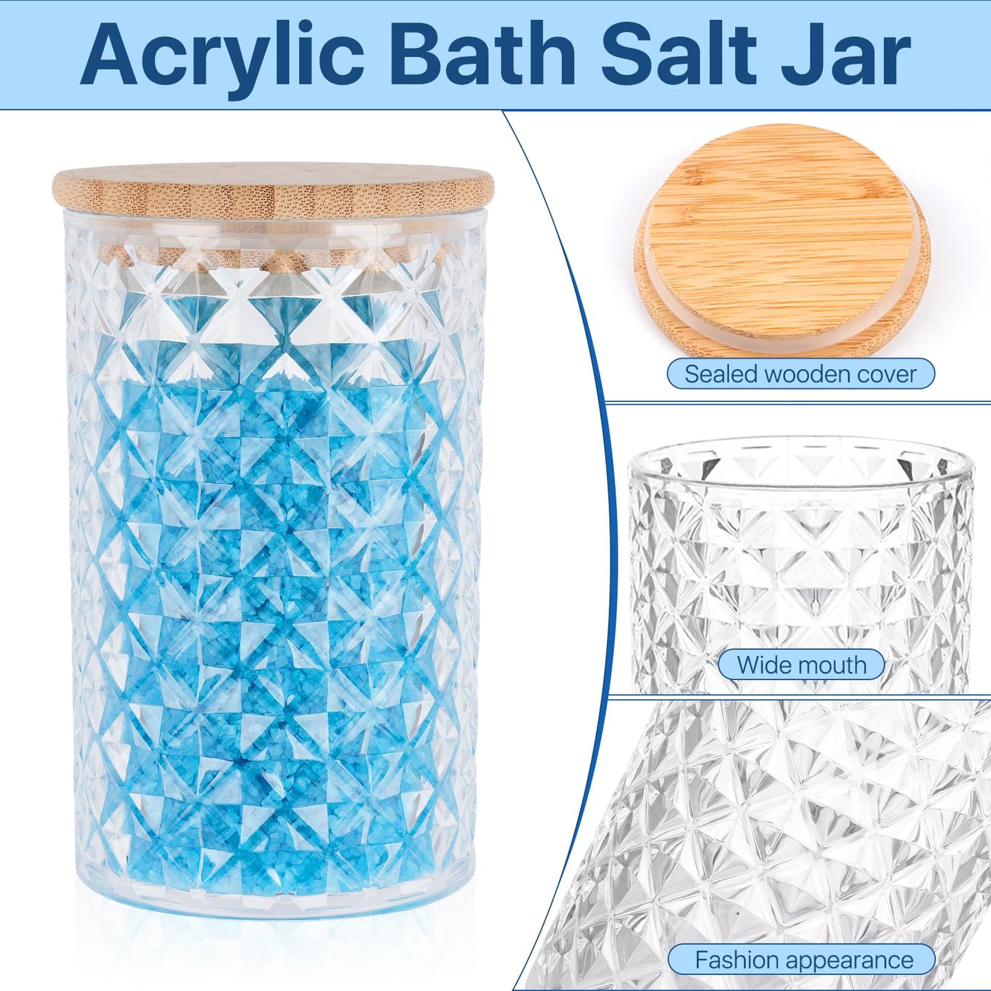 Supkiir 1100ML/37OZ Acrylic Bath Salt Jar, Bath Salt Container with Wooden Lids and Scoop, Airtight Diamond Candy Jar for Bathroom Kitchen Storage Salt Candy Tea Decor