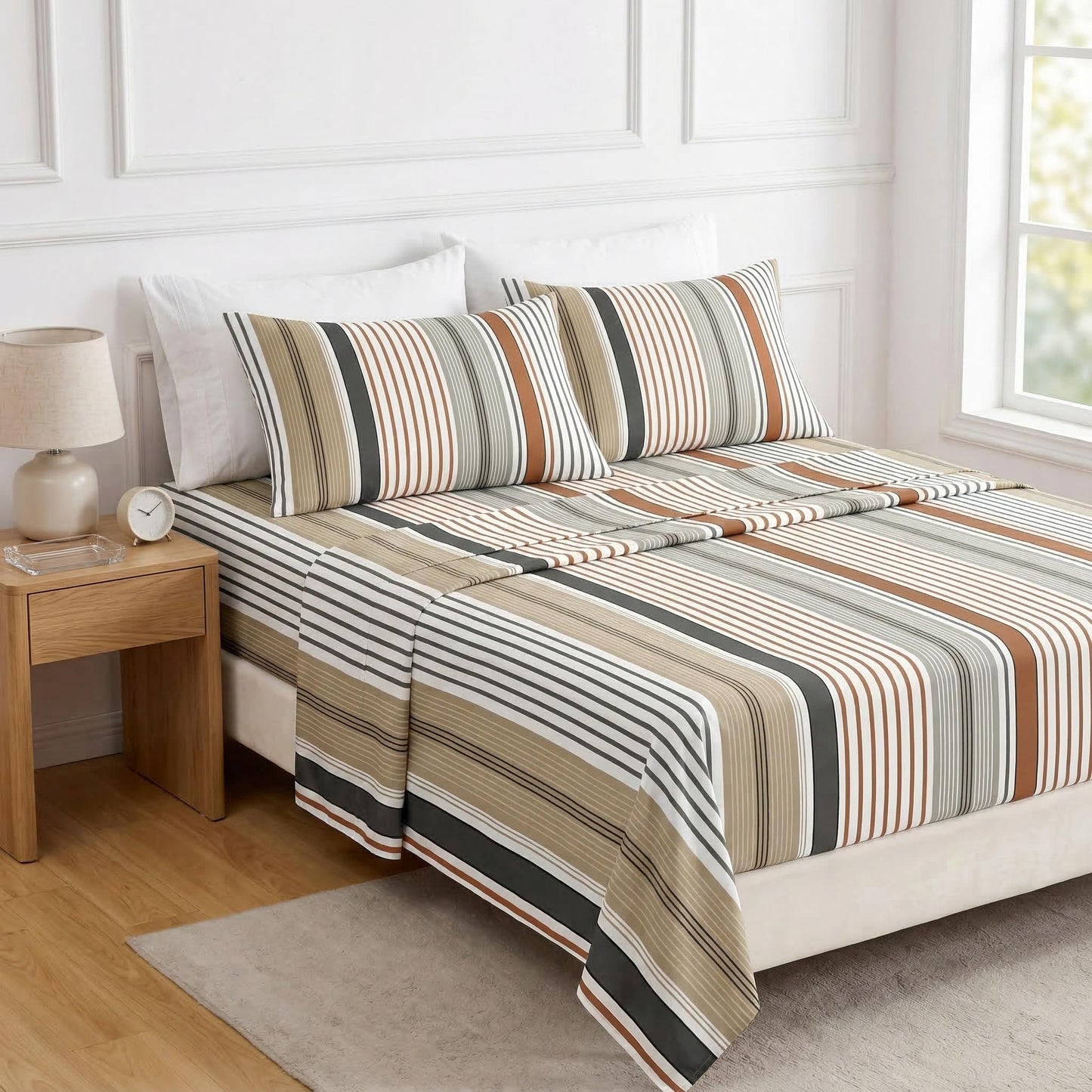 HCORA Striped Queen Sheet Set, Ultra Soft Double Brushed Microfiber Bed Sheets, Deep Pocket, Breathable, Wrinkle Resistant, Easy Care, 4PC, Queen Size