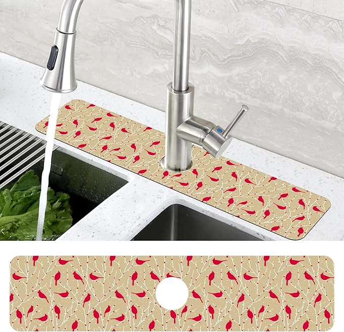 Christmas Cardinal Birds Kitchen Sink Splash Guard Mat Absorbent Fast Drying