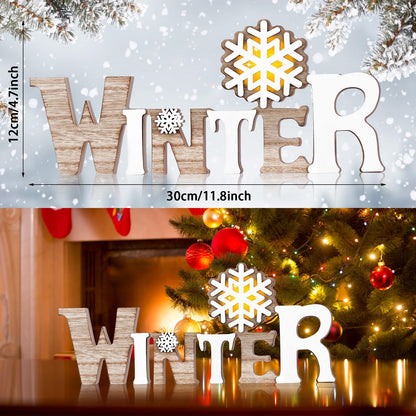 Geetery White Winter LED Wooden Sign Rustic Wooden Words Sign Tabletop Centerpiece Decor Snowflake Decorations for Winter Christmas Table Home Indoor Party