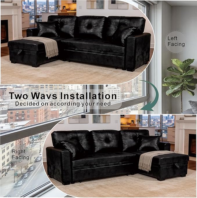 Eafurn Faux Leather Tufted Convertible Sleeper Sectional Sofa Bed, 3 Seater L