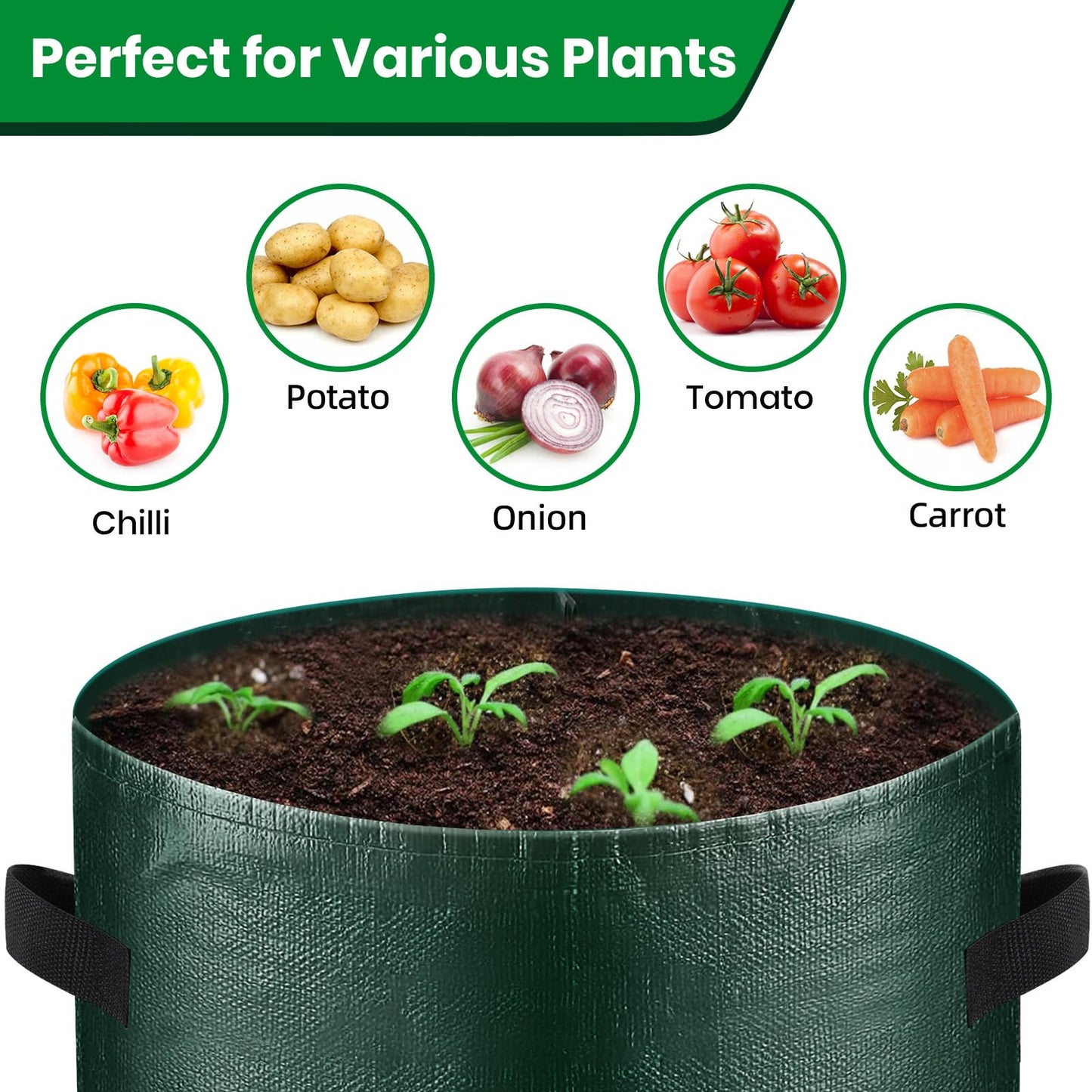 BIJOKETTEN 10 Gallon 3-Pack Potato Grow Bags, Heavy Duty PE Fabric Pots with Flap and Handles, Green Planter Bags for Potato Vegetables Outdoor Garden, 17.7''x13.8'' Large for All Plants Growing