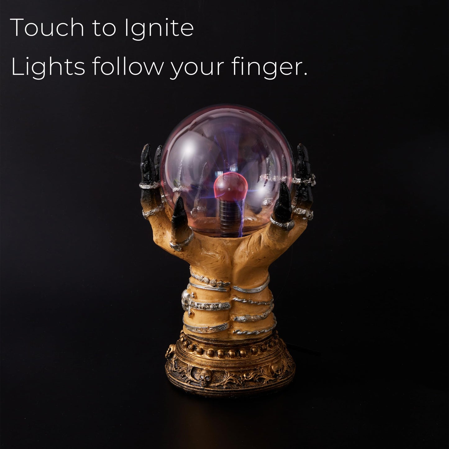 Witchy Plasma Crystal Ball Lamp – Gothic Hand Holding Orb Light with Red Lightning Effect – Touch-Activated Mystic Sphere for Witchcore Decor, Halloween Table Accent, Tarot or Altar Display