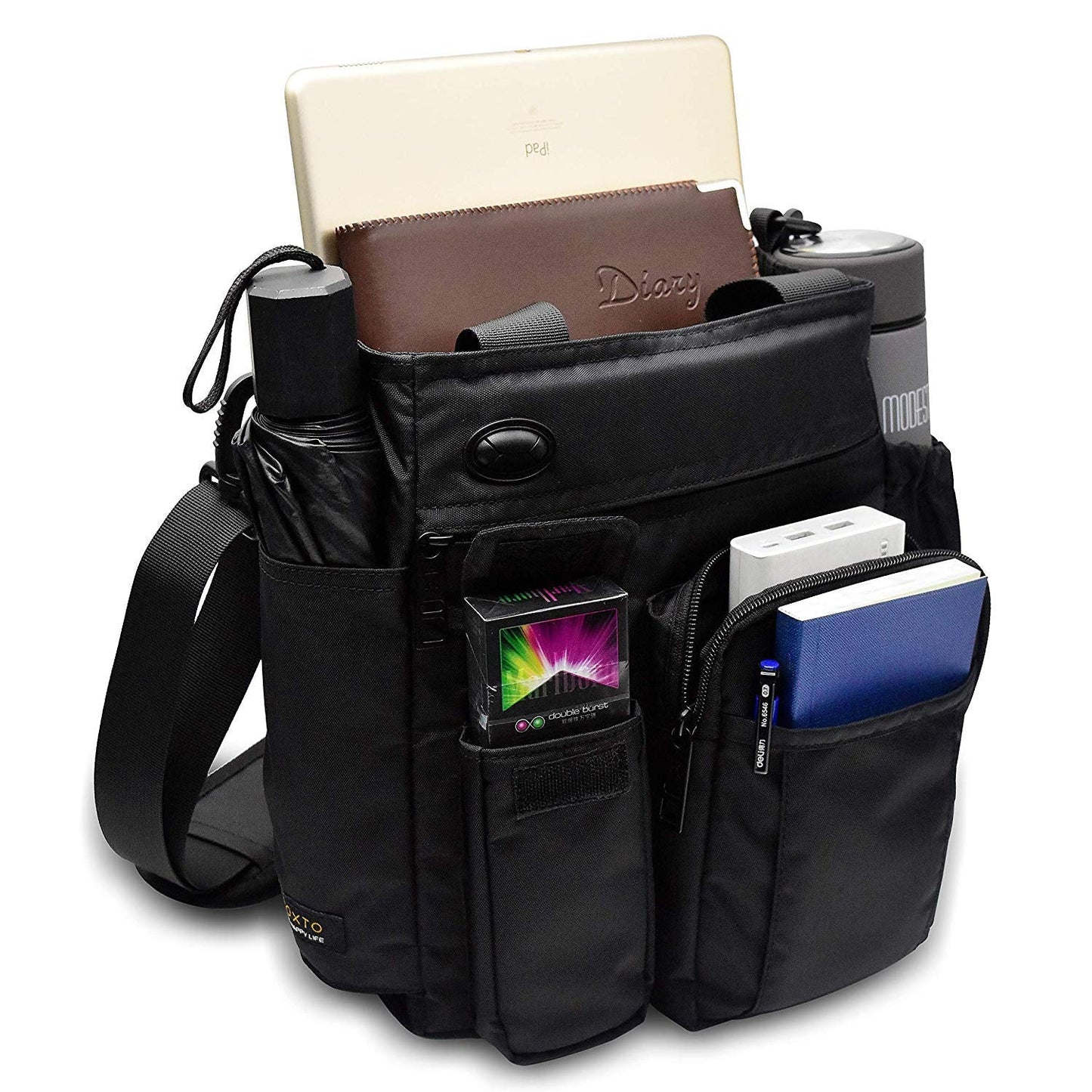 AlwaySky Nylon Crossbody Messenger Bag, Multifunctional Shoulder Bag, Laptop Bag for Men and Women Sport Travel Business (Black)