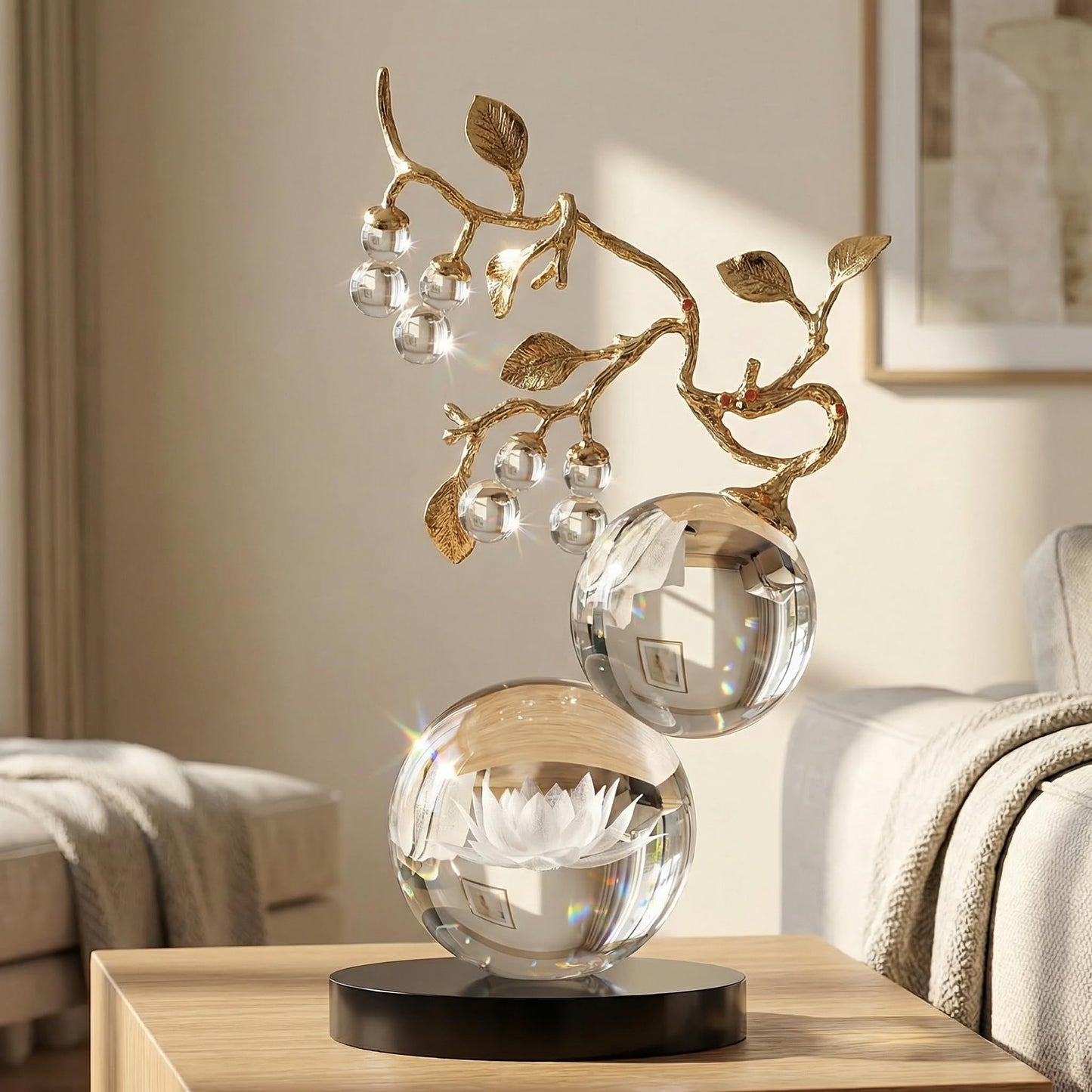 Mataura Large Glass Sculpture Decor, Nature Inspired Decorative Statue with Gold Metal Branch - Minimalist Tabletop Sculpture Home Decor for Desk Living Room Shelf Office - Unique Housewarming Gift