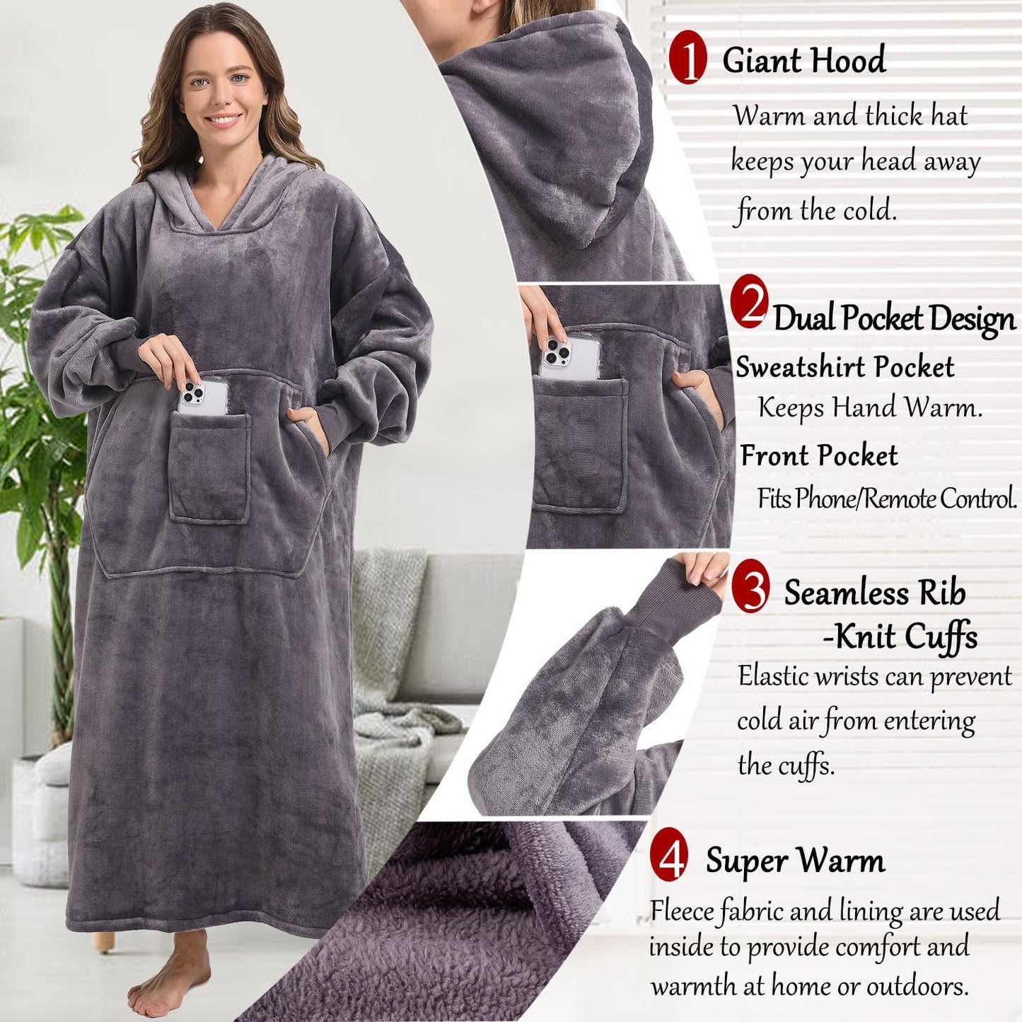 FUSSEDA Oversized Wearable Blanket Sweatshirt for Women Men,Warm Cozy Fleece Sherpa Hooded Blanket with Deep Pockets for Adult Kids