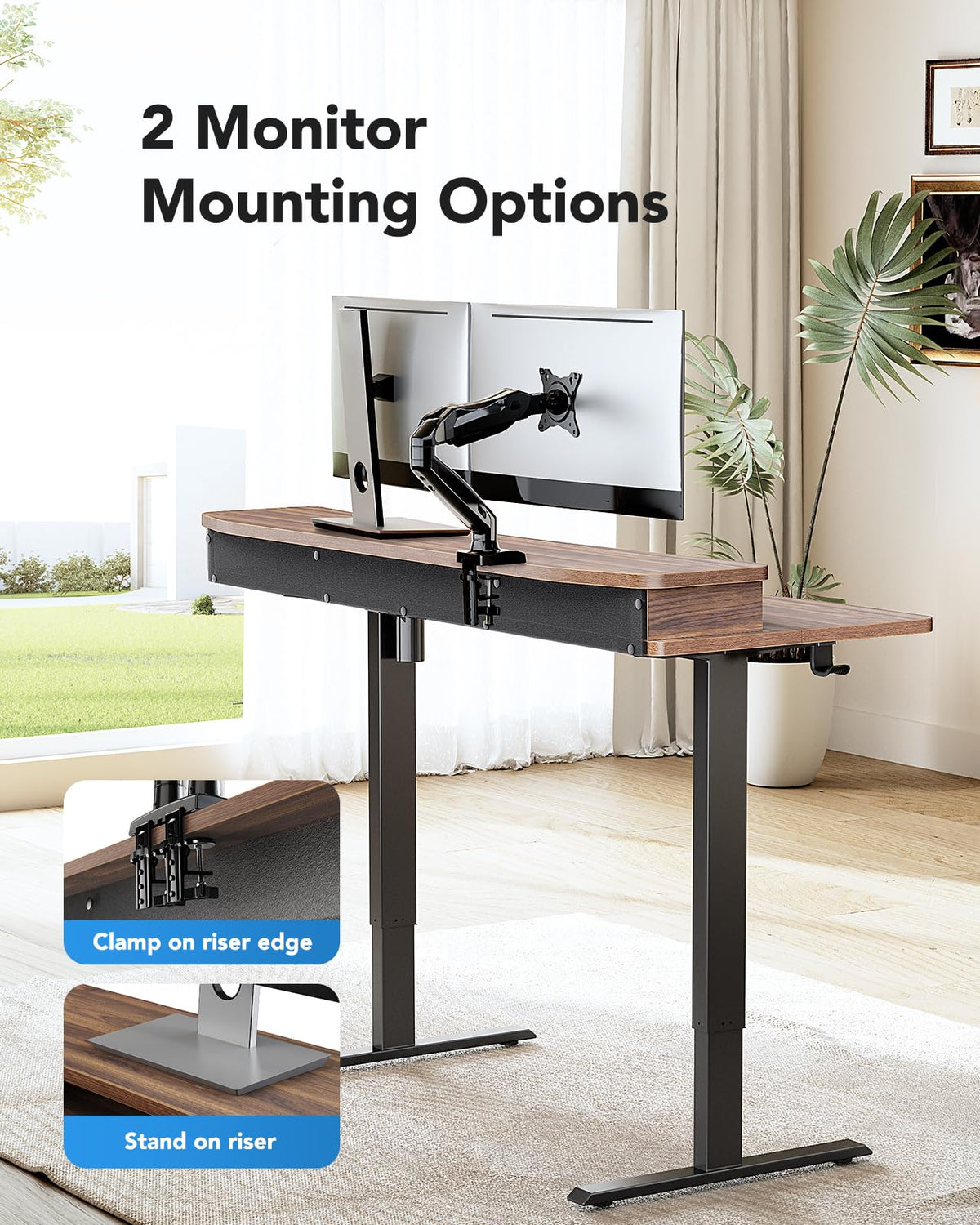 HUANUO 48″ x 24″ Electric Standing Desk with 2 Drawers, C-Clamp Mount Compatible, Height Adjustable Computer Desk, Home Office Stand Up Desk with 4 Preset Heights & 2 Hooks, Walnut