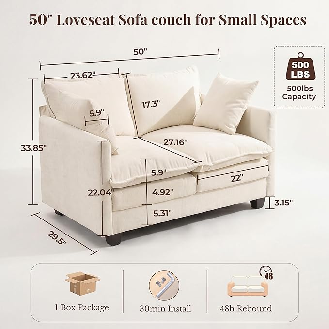 Loveseat Sofa with Cloud 3-Layer Cushion & 27" Deep Seat, Modern Small Couch