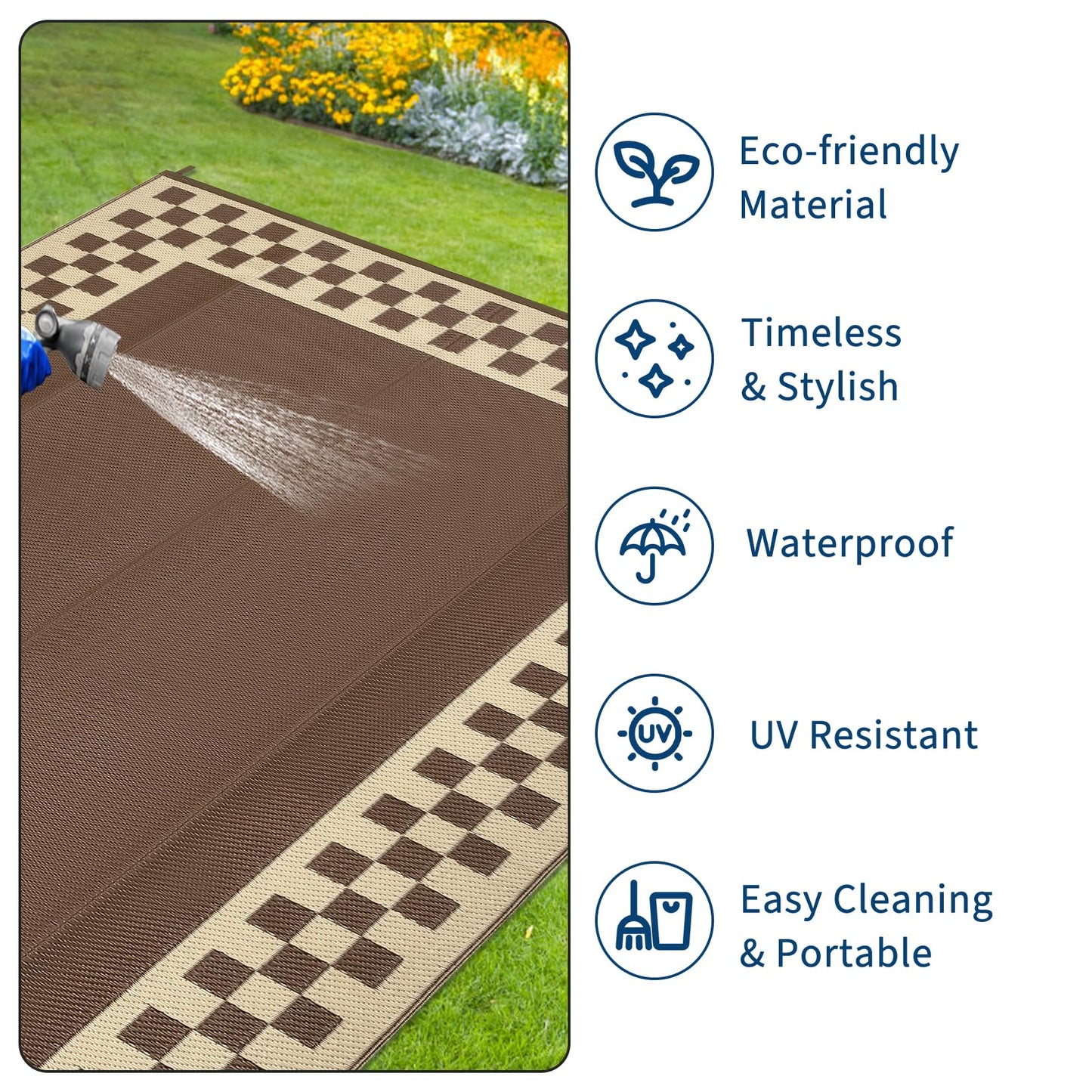 GAOMON Patio Modern Checkered Outdoor Rug 10x14 Waterproof Large Reversible Camping Mat Foldable Lightweight Plastic Straw Outdoor Rug for Deck, Picnic, Porch, Camper, Balcony, Beach, Rv, Brown