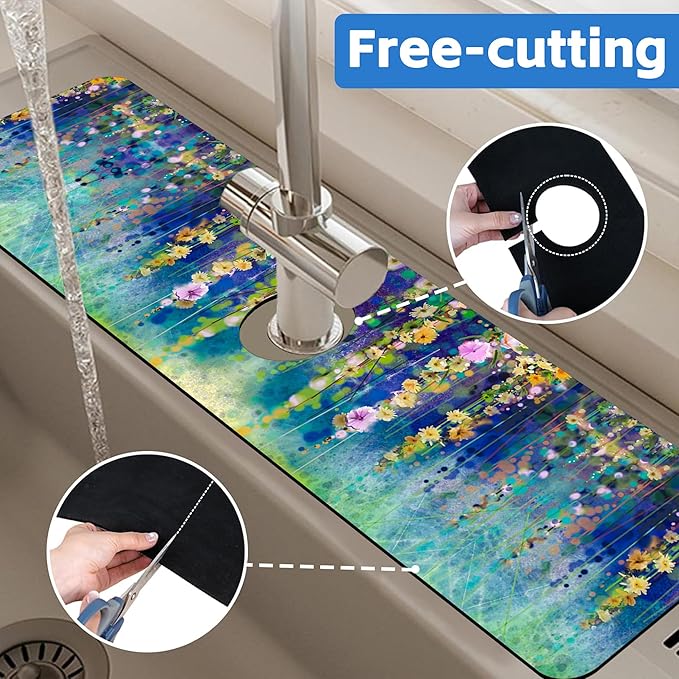 Abstract Watercolor Floral Kitchen Sink Splash Guard Mat Absorbent Fast Drying