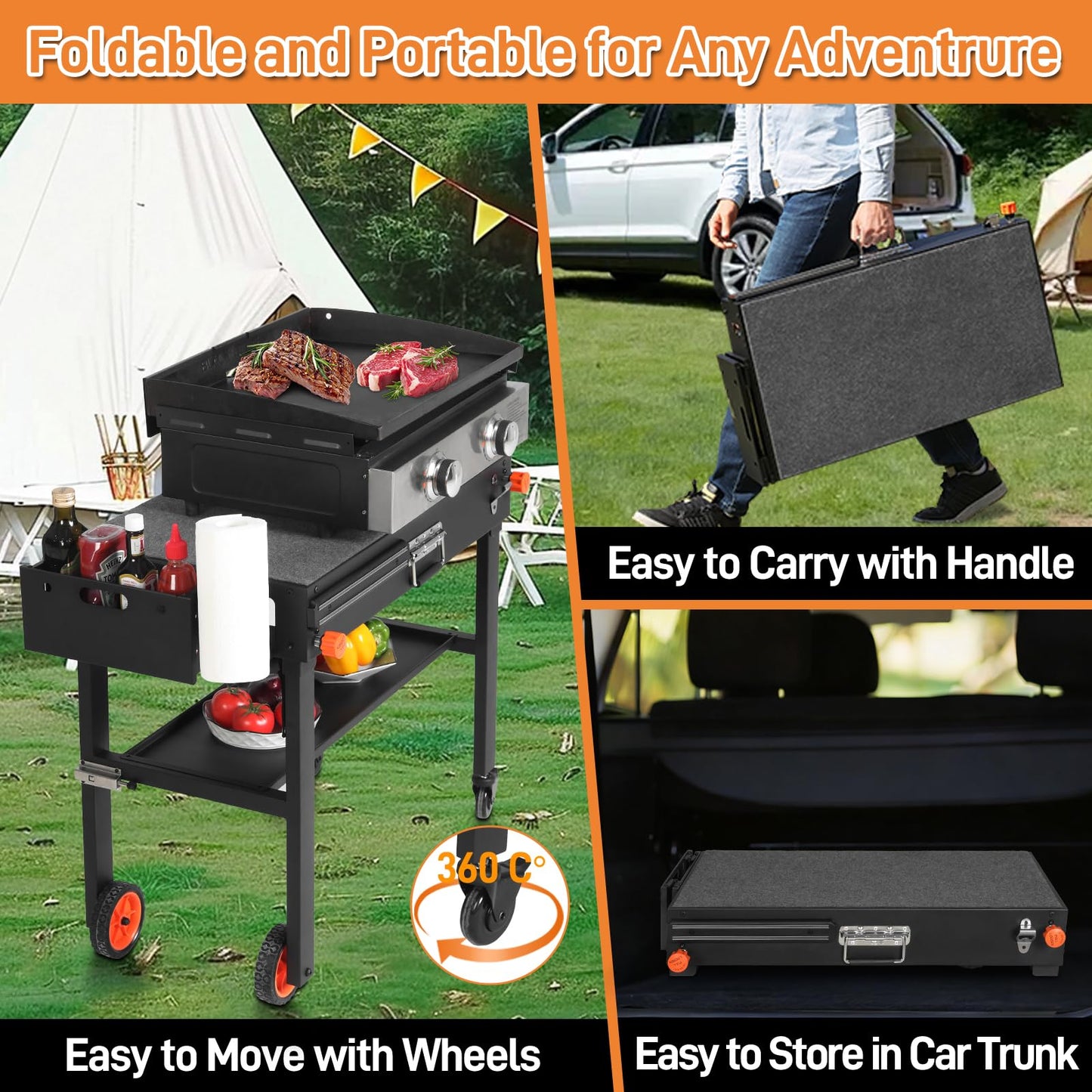 Outdoor Grill Table for Blackstone Griddle 17/22 inch, Blackstone Griddle Stand with Caddy, Folding Grill Cart for Ninja Grills, Movable Food Prep Cart with Wheels for Tailgating, Camping etc.