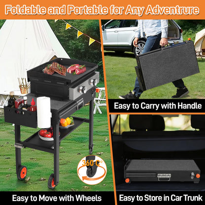 Outdoor Grill Table for Blackstone Griddle 17/22 inch, Blackstone Griddle Stand with Caddy, Folding Grill Cart for Ninja Grills, Movable Food Prep Cart with Wheels for Tailgating, Camping etc.
