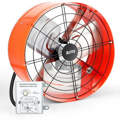 Xcity 14 inch Gable Mount Fan with Adjustable Thermostat, Heavy-Duty Vent Attic Fan, High Velocity 1600 CFM, 2400 sq.ft, Metal Exhaust Ventilator for Garage, Attic, Greenhouse