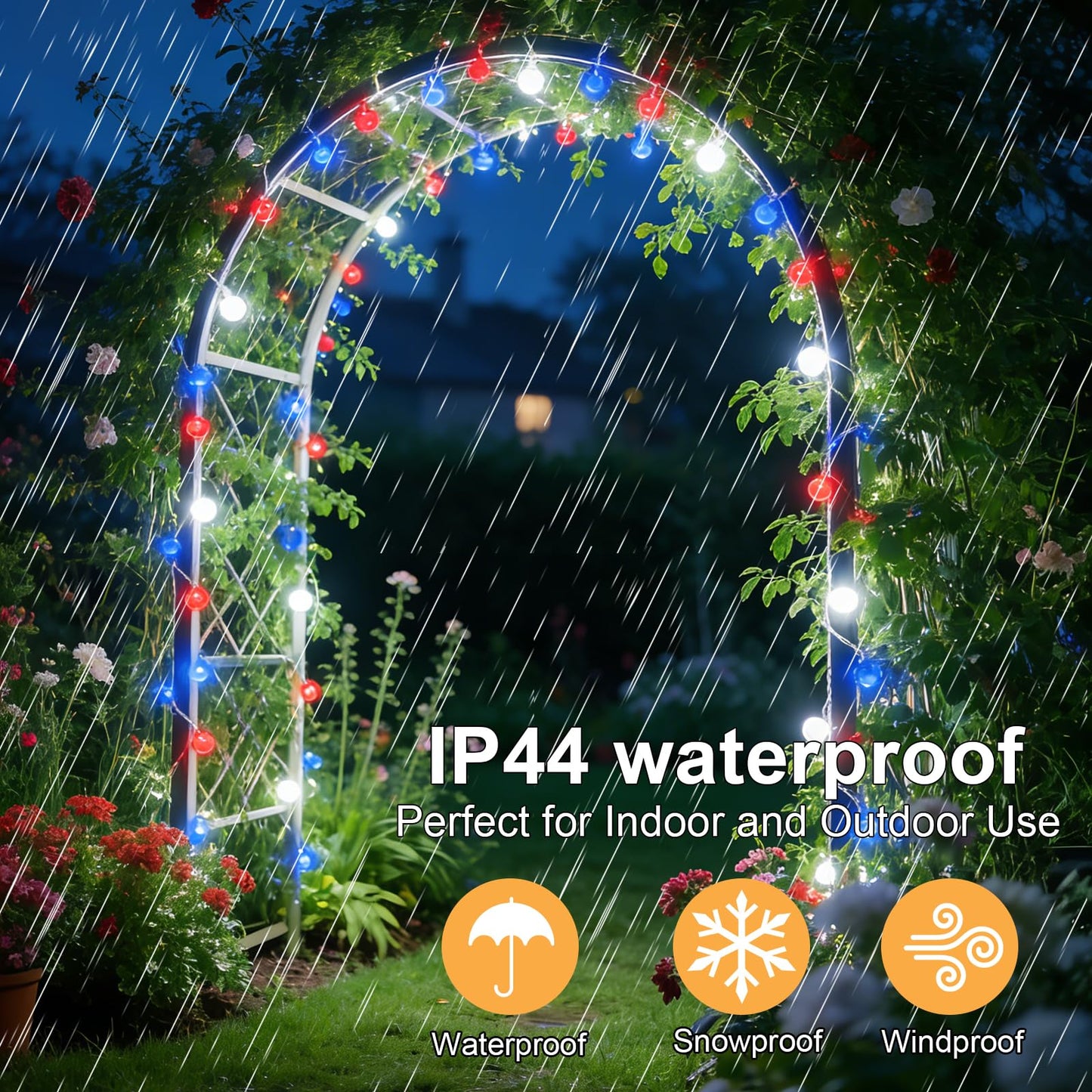 TWINGLEHOME 50 LED Patriotic Ball String Lights 16FT (5M) with Clear Wire, Waterproof Battery Box, Multifunctional Modes Lighting (Red, Cool White, Blue) for Nation Day