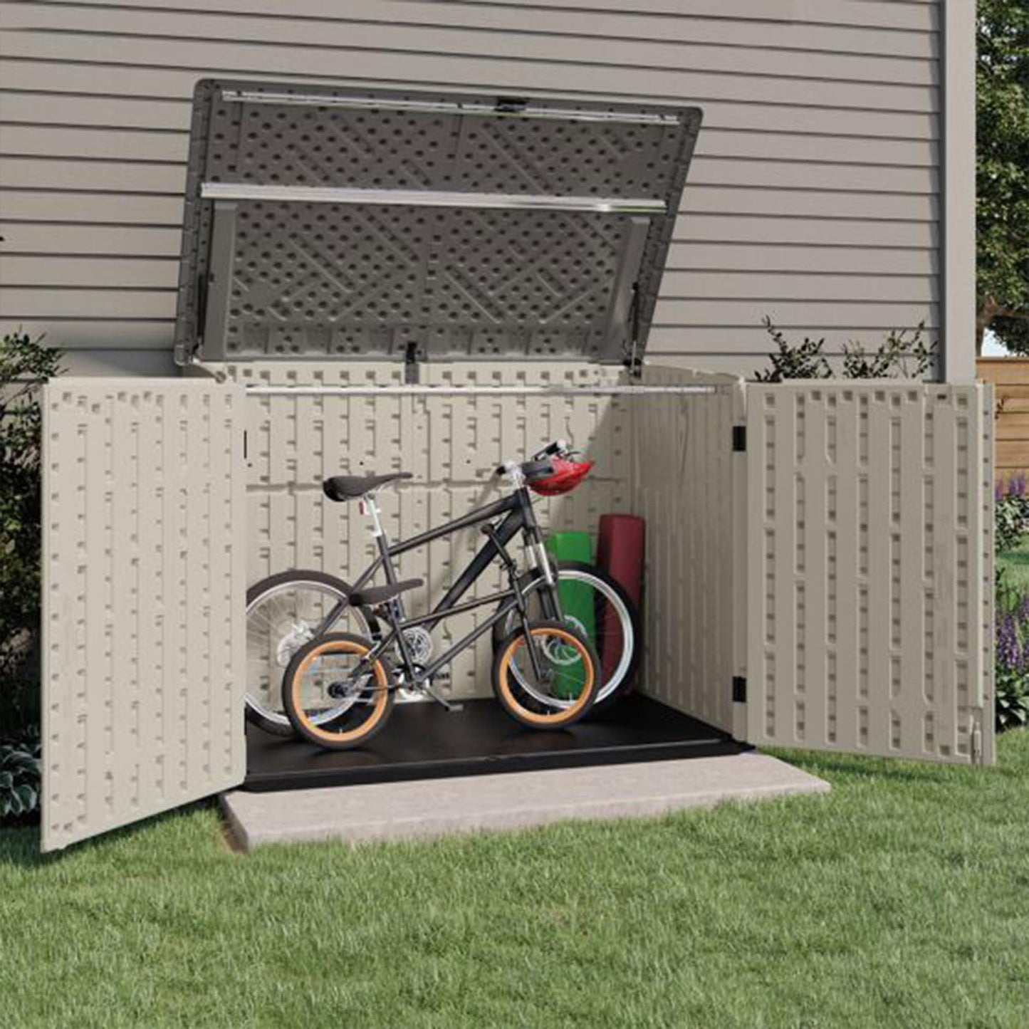 Suncast 5.9 ft. x 3.7 ft Horizontal Stow-Away Storage Shed - Natural Wood-like Outdoor Storage for Trash Cans and Yard Tools - All-Weather Resin, Hinged Lid, Reinforced Floor - Vanilla and Stoney