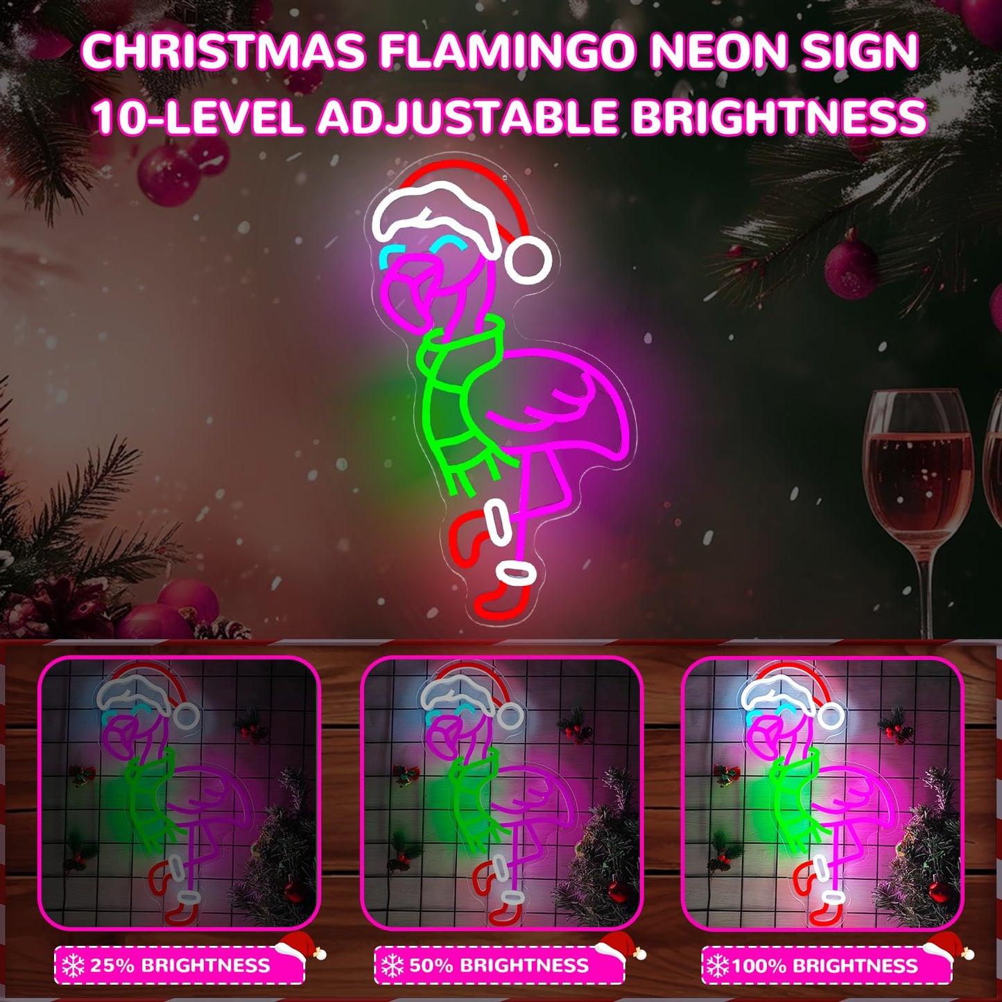 hhuohuona Christmas Flamingo Neon Sign Dimmable Pink Flamingo Christmas Led Sign Flamingos With Santa Hat & Scarf & Stockings Neon Light Tropical Coastal Wall Art Decor
