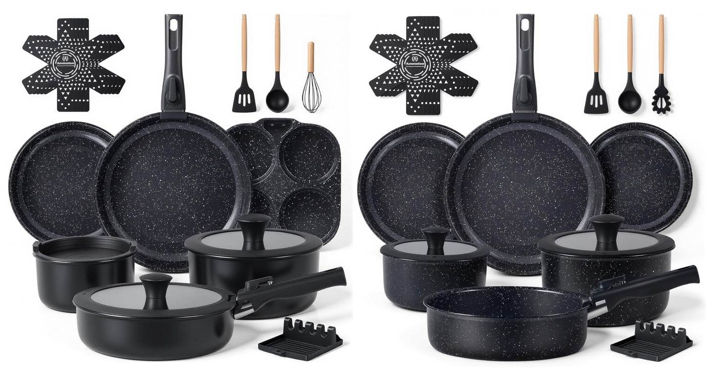 Ammeloo 21pcs Ceramic Pots and Pans Set Non Stick with Detachable Handles and Egg Frying Pan & 21 Pcs Pots and Pans Set with 3 Frying Pans