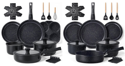 Ammeloo 21pcs Ceramic Pots and Pans Set Non Stick with Detachable Handles and Egg Frying Pan & 21 Pcs Pots and Pans Set with 3 Frying Pans