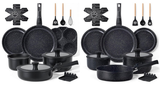 Ammeloo 21pcs Ceramic Pots and Pans Set Non Stick with Detachable Handles and Egg Frying Pan & 21 Pcs Pots and Pans Set with 3 Frying Pans