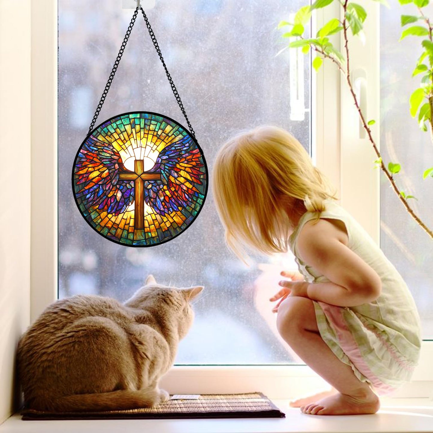DASTOLL Stained Glass Window Hanging - Jesus Cross Wings Suncatcher Ready to Hang Window Doors Home Decoration and Christmas, Mother's Day Birthday Gifts for Women, Men, and Mom 7.8x7.8 in