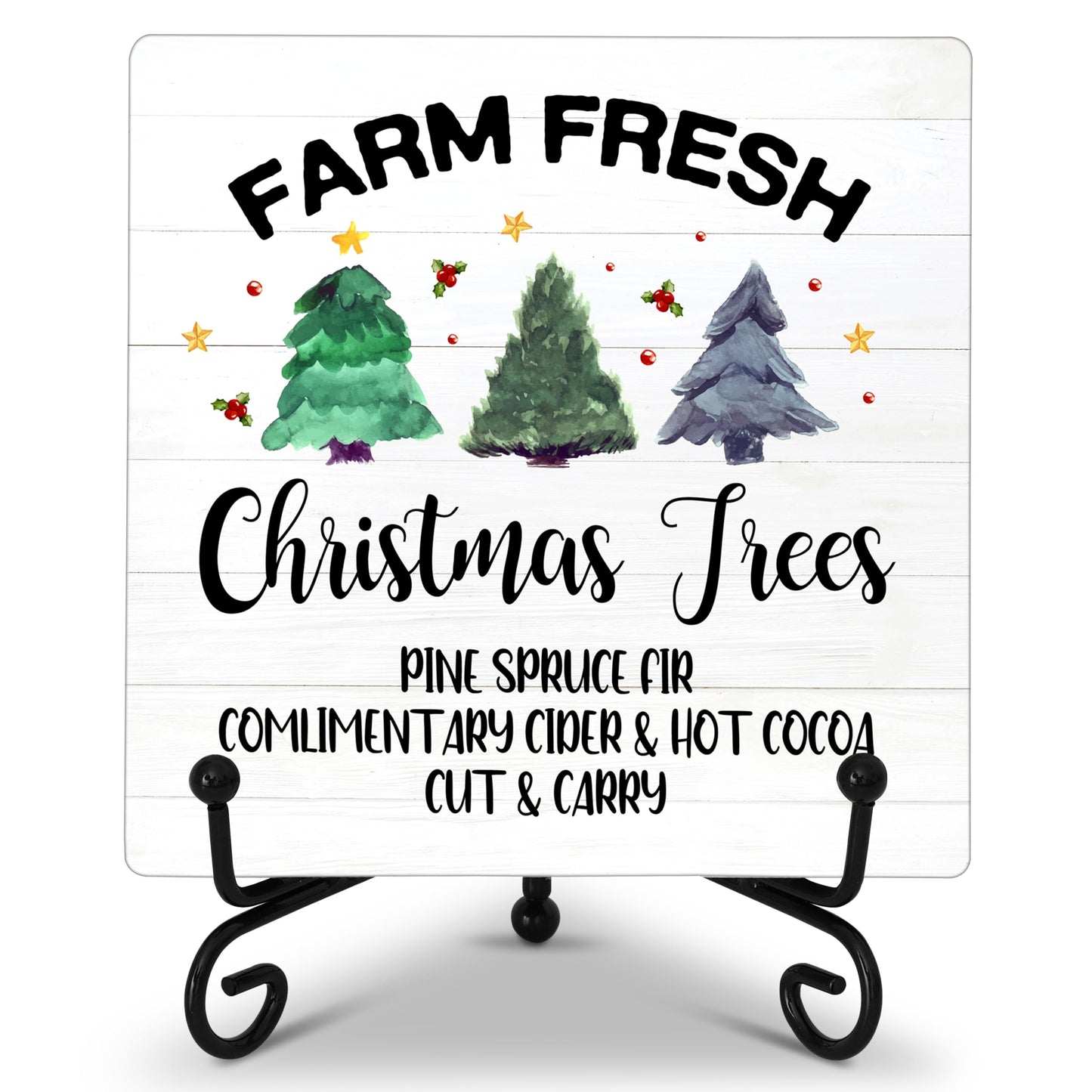 Cazhes Farmhouse Christmas Decor, Christmas Tree Sign Decorations for Home Bedroom, 5x5 Inches Wooden Xmas Decor with Iron Stand, Birthday New Year Gifts for Women-G04