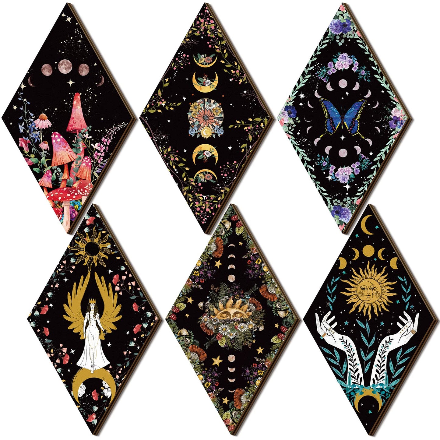 Qunclay 6 Pcs Witchy Gothic Wall Decor, Rustic Boho Moon Phase Sun Mushroom Star Hanging Wooden Ornament for Bedroom Living Room Gallery, Celestial Goth Home Decoration Farmhouse Pediments(Moon Sun)