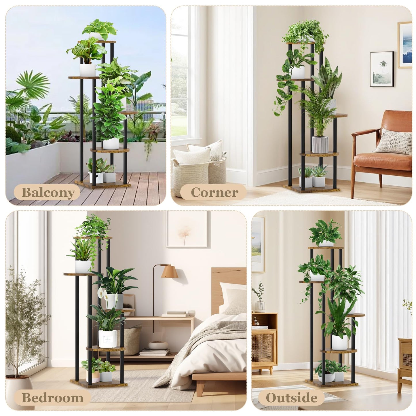 SMFANLIN 5 Tier Plant Stand Indoor, Metal Wooden Tall Plant Shelf Flower Pot Stand for Multiple Plants, Corner Flower Holder Plant Display Rack for Living Room Balcony Patio Garden (Rustic Brown)