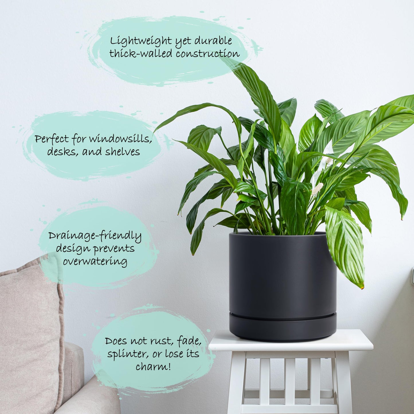 Phoenix Vine 6 Inch Planter Pot with Drainage Hole & Saucer, Deep Water Catch Tray, Straight Cylindrical Round Pot for Plants, Matte Black, Pack of 3, 23-C-S-3