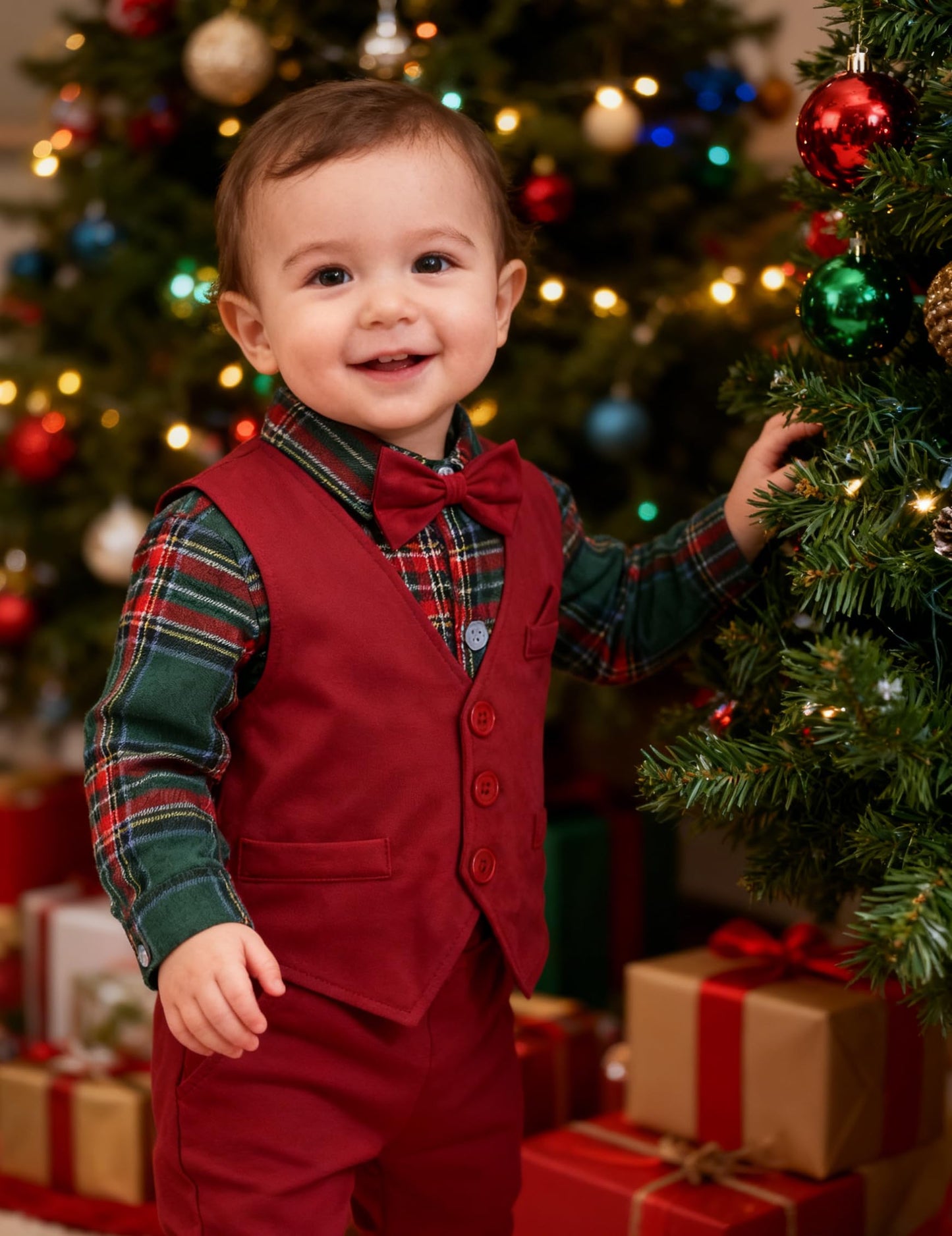 A&J DESIGN Baby Christmas Outfit Boy Infant Buffalo Plaid Flannel Tartan Wedding Formal Easter Dress Suit Green and Red 9-12 Months