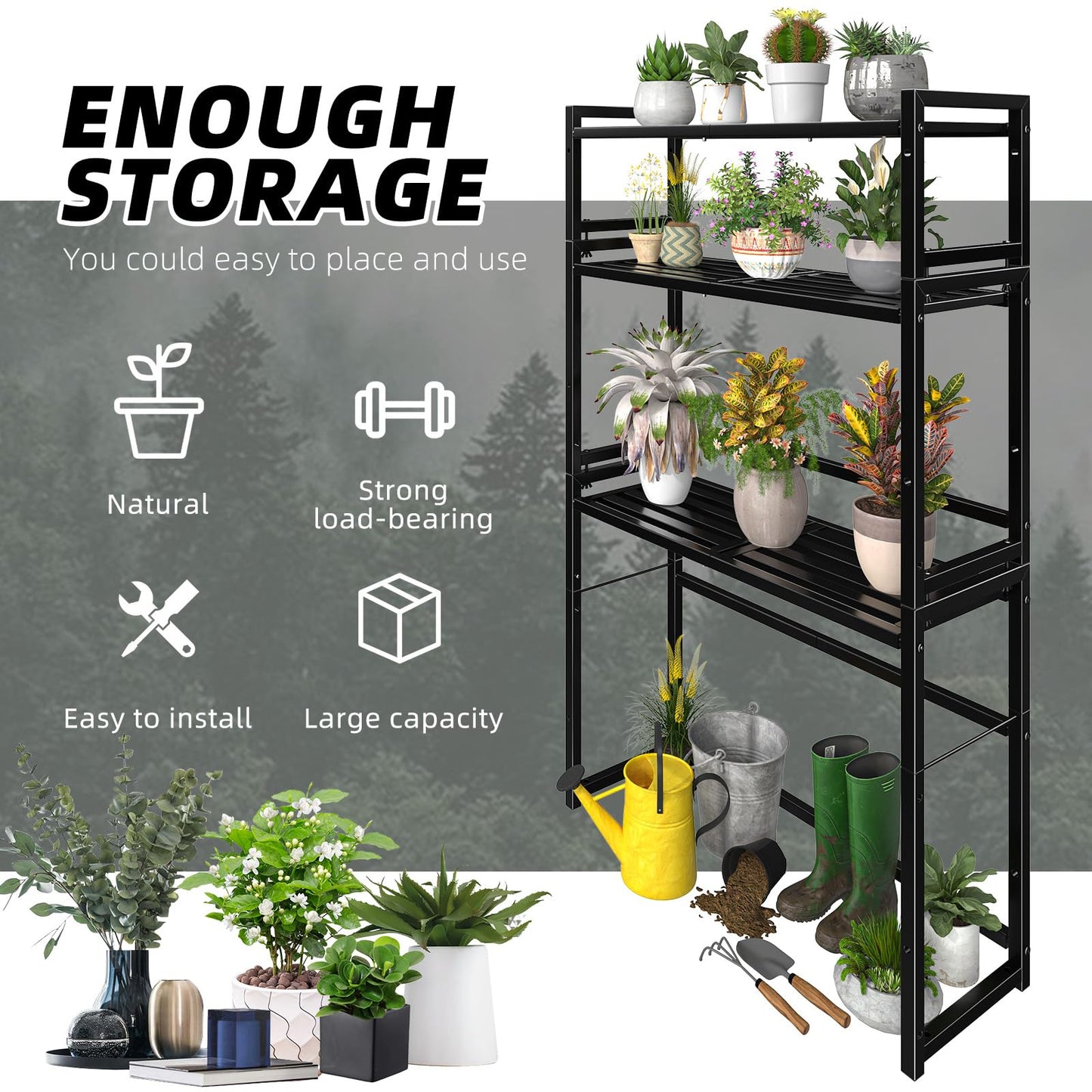 Ekisemio 3-Tier Metal Plant Stand, Heavy Duty Waterproof Indoor Outdoor Stackable Shelf, Tall Flower Pot Holder & Display Rack for Garden, Black