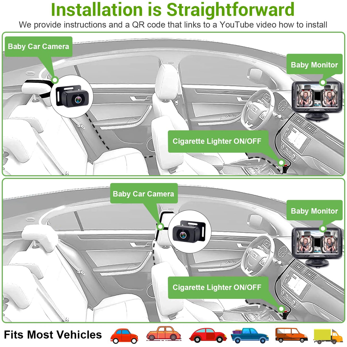 Baby Car Camera HD 1080P Baby Car Mirror 5 Mins Easy Installation Crystal Night Vision Infant Travel Safety Kit Rohent N06, Black, 4.3 Inch Screen