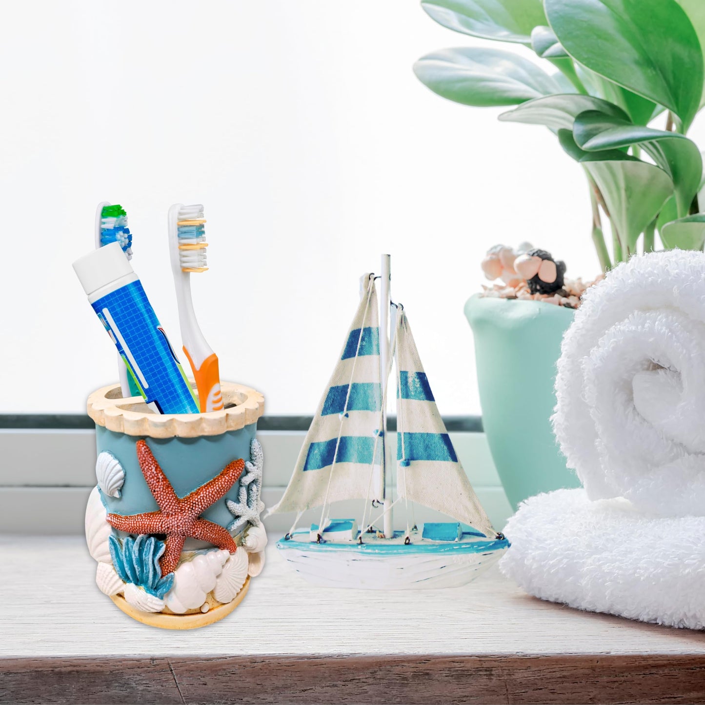 Seaside Splendor Toothbrush Holder – Beautifully Detailed 3D Ocean Elements, Seashells, Starfish, Premium Resin for Coastal Bathrooms, Guest Baths, Beach-Themed Décor, and Nautical Home Accessories