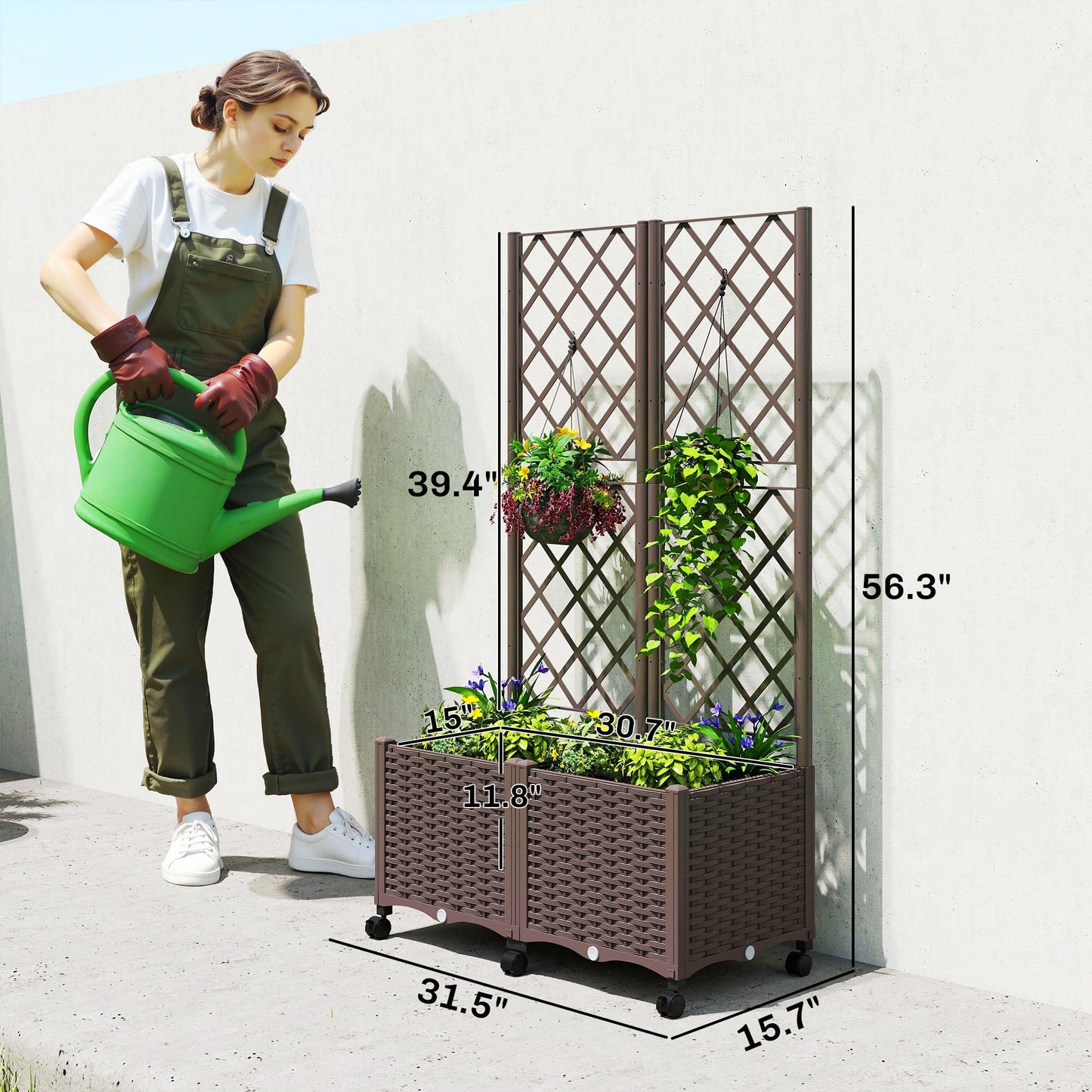 Outsunny Planter Box with Trellis, Self Watering Raised Garden Bed with Lockable Wheels, Privacy Trellis Planter with Drainage Holes for Climbing Plants, Vegetables, Flowers, 56.3", Brown