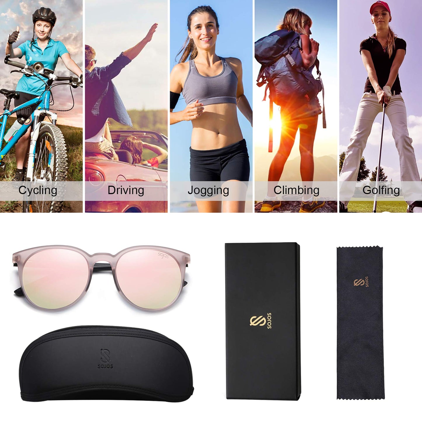 SOJOS Oversized Round Polarized Sports Sunglasses for Women Men, Ultralight TR90 Womens Mens Sport Sunglasses SJ2092, Matte Crystal Greyish Pink Frame/Pink Mirrored Lens