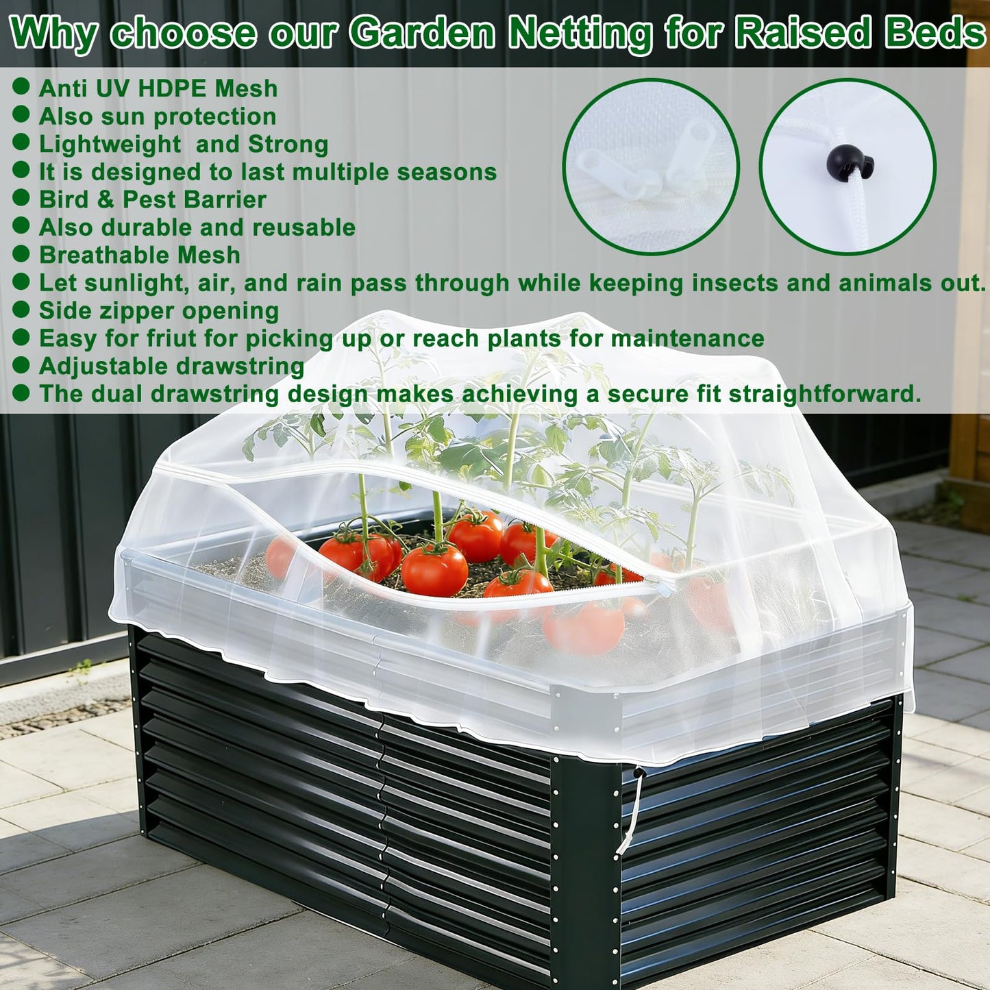 2 Pack Garden Netting for Raised Beds, Fine Mesh Bird Netting Barrier Screen with Zipper Drawstring Garden Bed Plant Cover for Protect Vegetable Fruits Crop from Animals Pest Insect, 2.3×2.3×2Ft