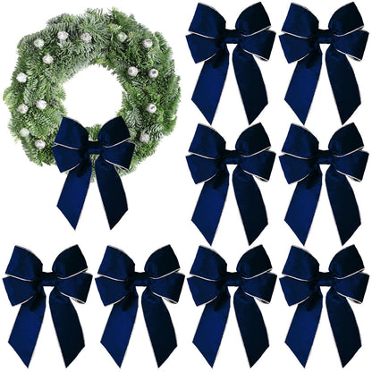 chmacura 8 Pieces Christmas Wreath Bow, Christmas Bows Blue Farmhouse Bow New Year Tree Topper Ornament Bow for Home Front Door Decorations