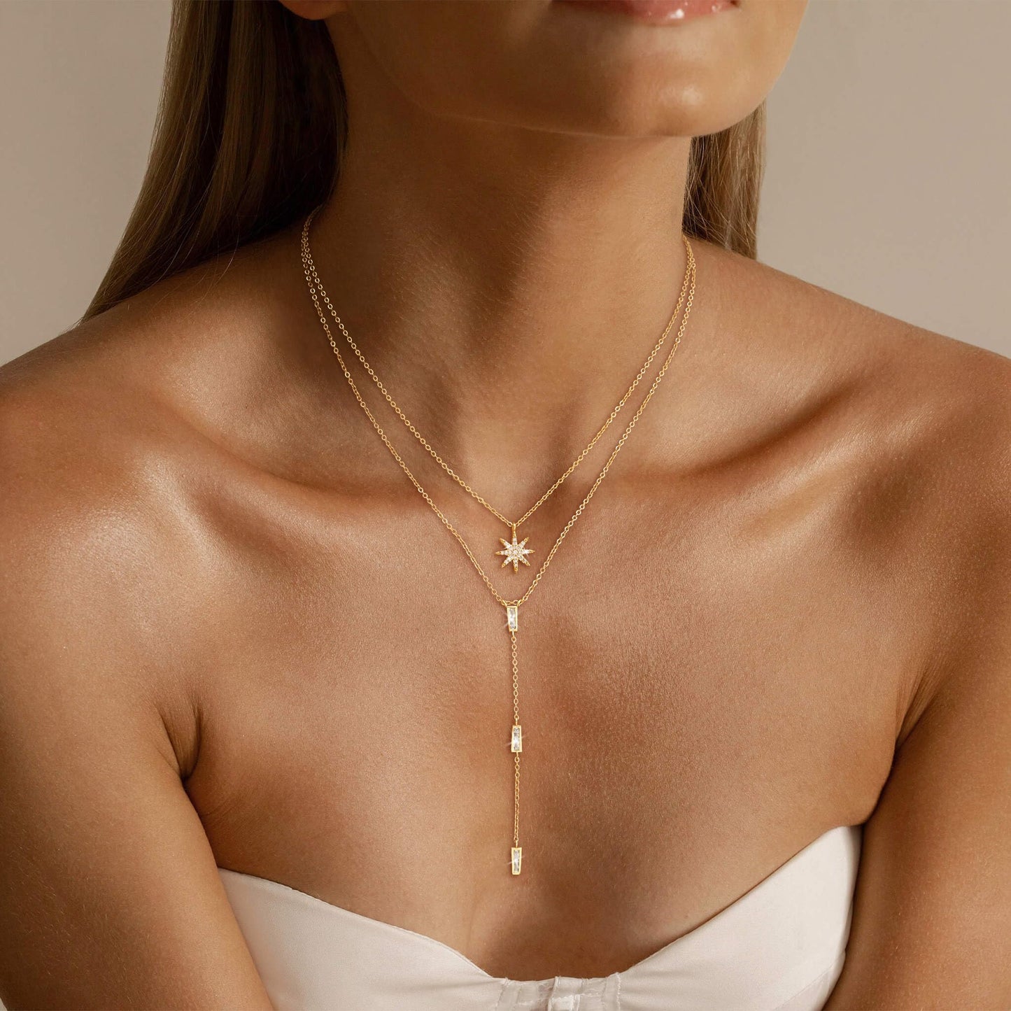 CHESKY 14K Gold Plated Long Necklace for Women North Star Layered Y Necklace Dainty Star Pendant Drop Stackble Necklace Trendy Jewelry