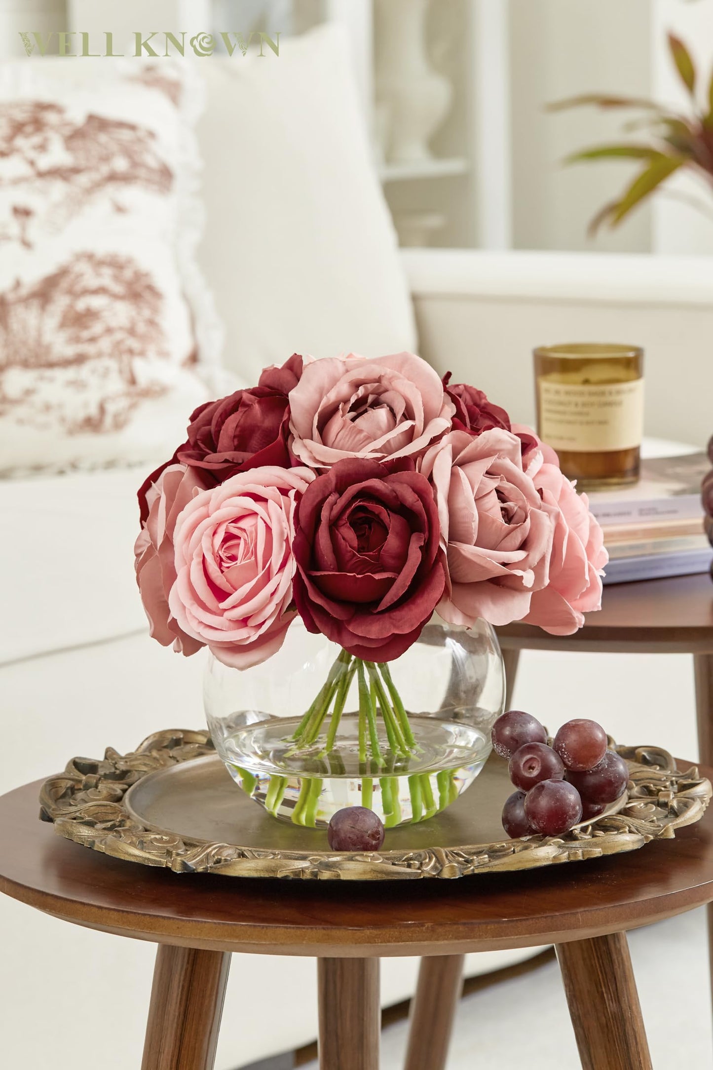 WELL KNOWN Silk Rose Artificial Flowers with Vase, Artificial Rose Flower Arrangement in Round Glass Vase with Faux Water for Home Dining Table Wedding Birthday Party Decor (Burgundy Red & Dusty Rose)