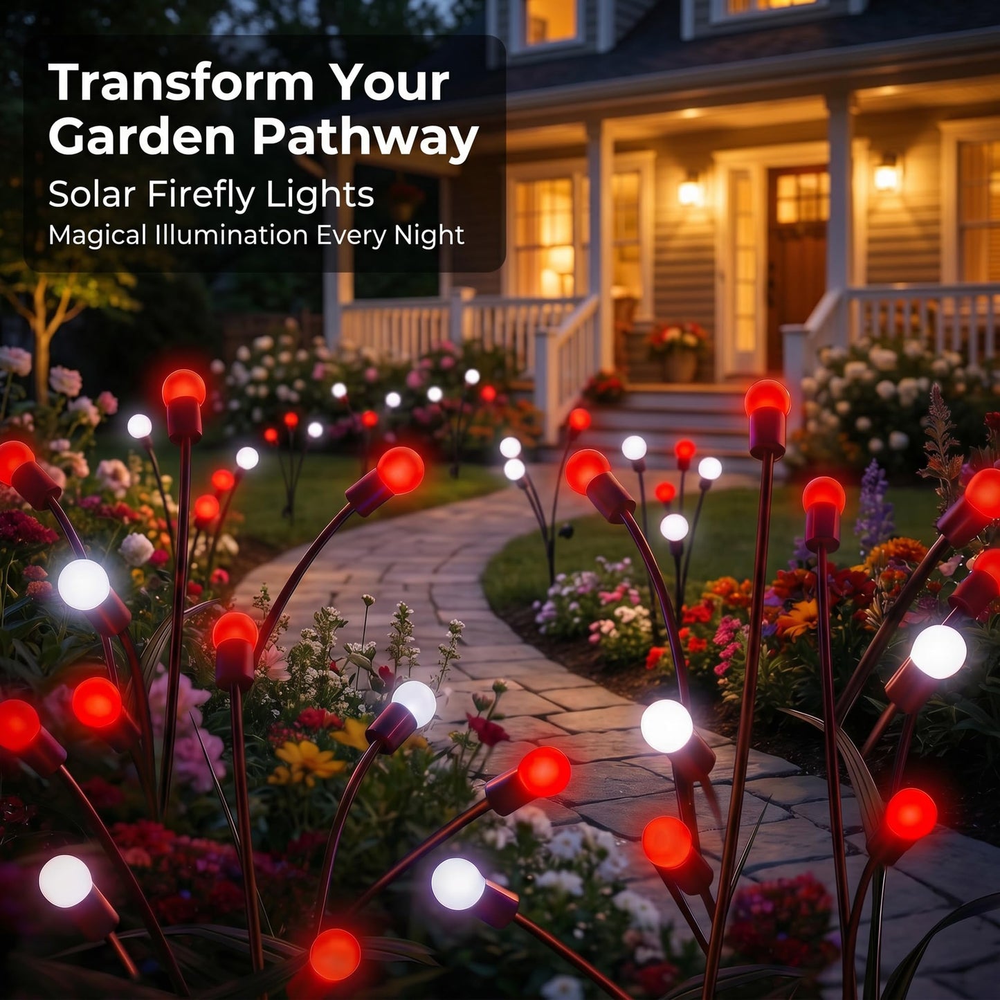 Sukesou Solar Christmas Firefly Lights, 2 Pack 6LED Red & White Solar Garden Stake Lights, IP65 Waterproof Auto On/Off Solar Powered Pathway Lights for Yard Patio Christmas Outdoor Decor